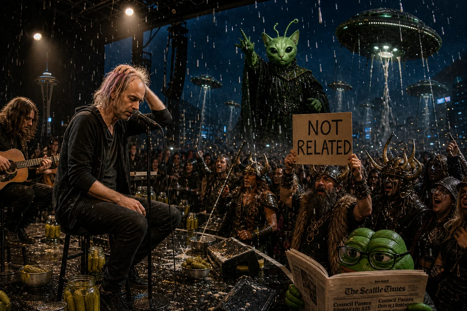 A graying rock singer performs on a dim acoustic stage while costumed fans watch beneath surreal milk rain, with alien spacecraft overhead and jars of pickles scattered across the wet venue.
