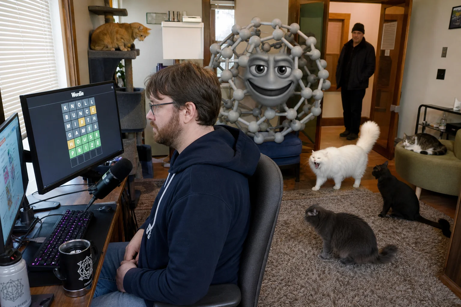 A casually dressed man sits at a home broadcast desk facing a Wordle-style results grid, surrounded by cats, a hissing Maine Coon, a surreal buckminsterfullerene mascot, and a visitor near the doorway.