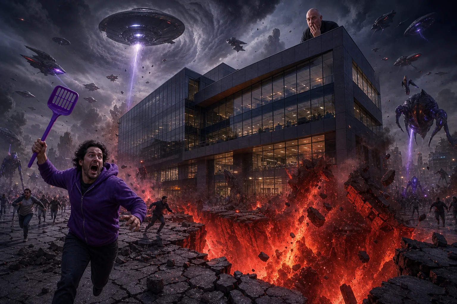 A cinematic alien invasion engulfs a city headquarters as an earthquake opens a lava-filled portal, saucers descend through storm clouds, and a fleeing person waves a bright purple scoop while a bald observer watches from the roof.