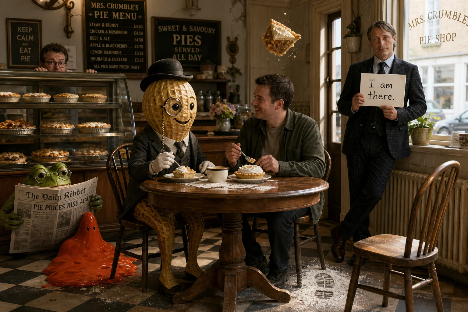 In a cozy pie shop, a smiling peanut dressed as a British gentleman shares cream pies with a man, surrounded by quirky onlookers, pastries, and playful surreal details.