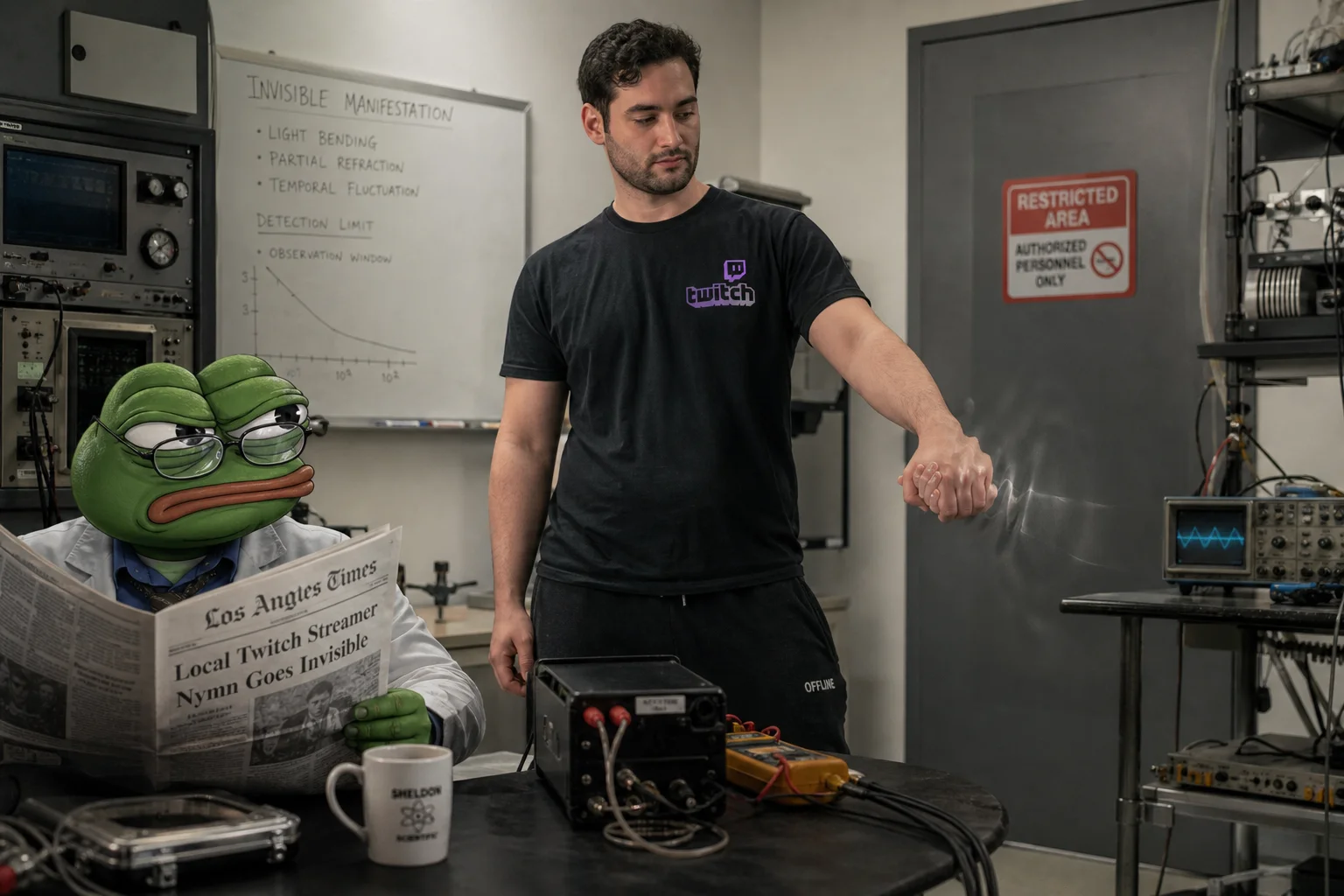 An annoyed bespectacled frog-like figure reads a newspaper while examining an invisible person’s distorted hand in a softly lit laboratory surrounded by scientific equipment.