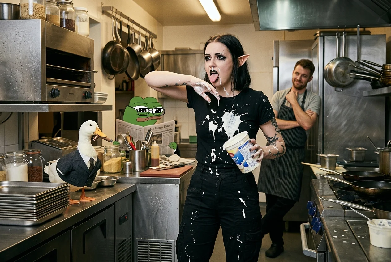 In a chaotic modern kitchen, a goth elf covered in dripping yogurt tries to lick it off while a cigar-smoking duck and bespectacled newspaper reader watch amid surreal glowing glue droplets.