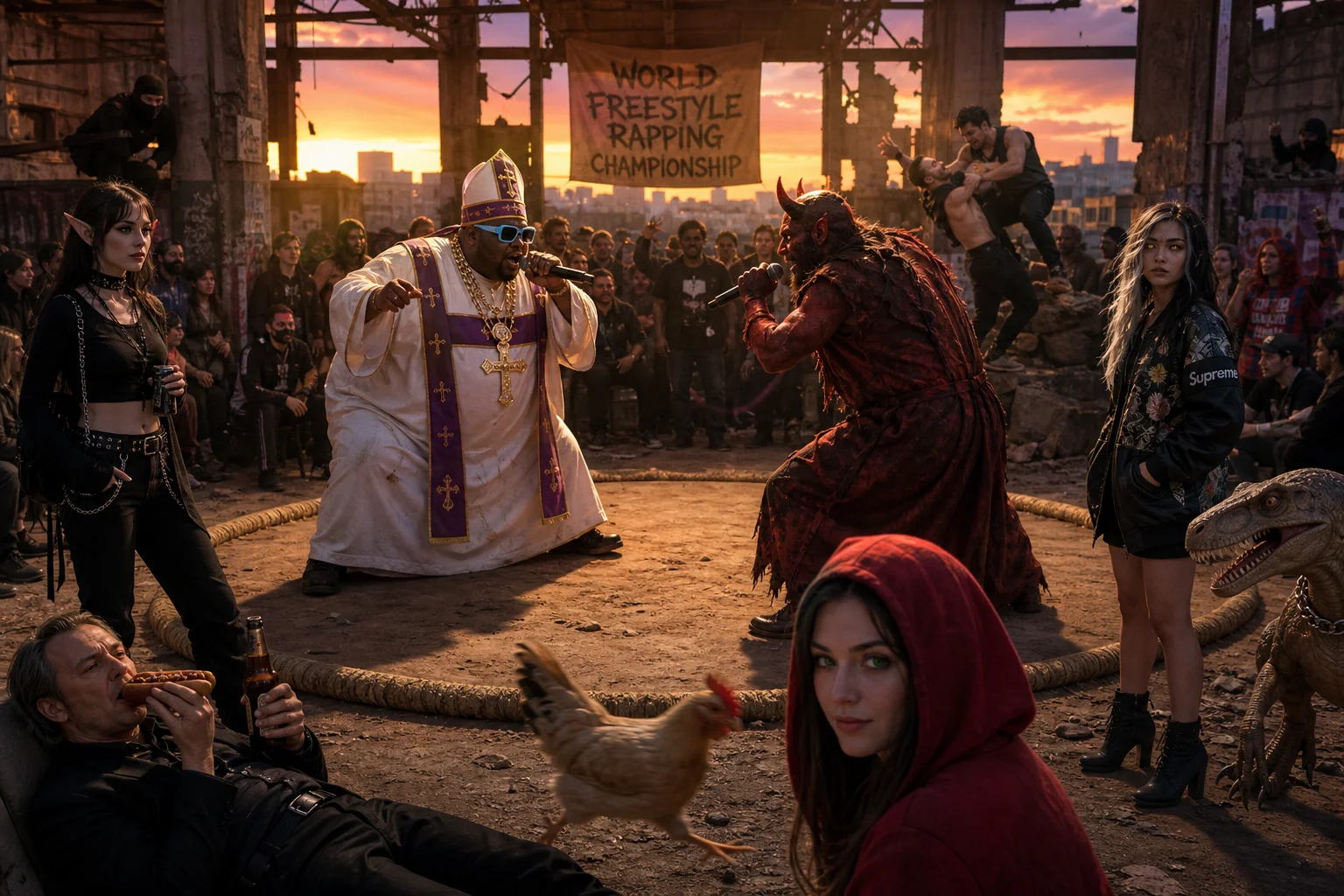 In an abandoned warehouse glowing with orange-purple sunset light, a jeweled rapper dressed as a priest and a Satanic opponent face off with microphones in a makeshift sumo ring as a lively crowd watches.