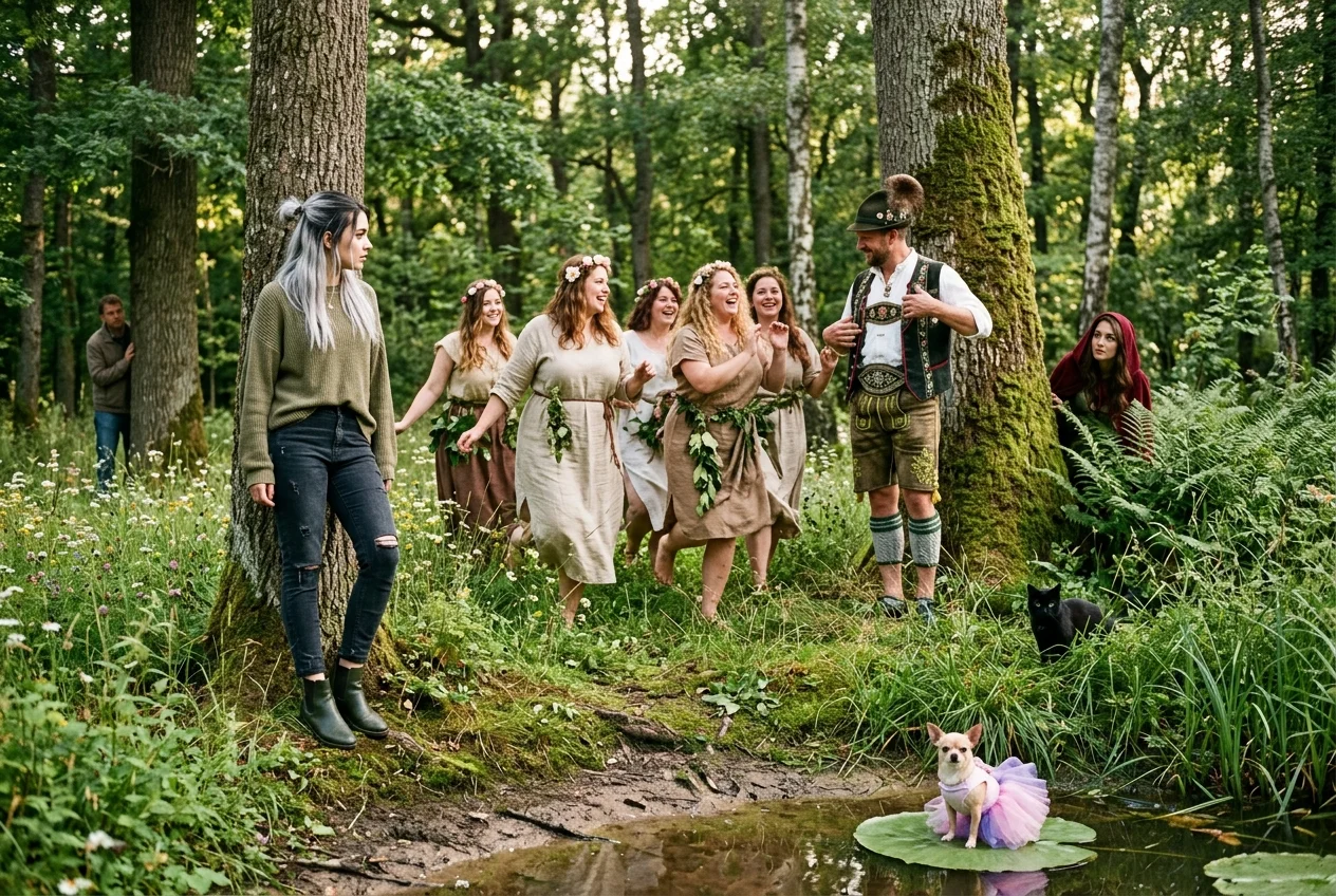 Joyful woodland nymphs gather around a lederhosen-clad warrior in a sunlit forest glade, while fantastical observers, a black cat, and a tiny tutu-wearing chihuahua fill the lush meadow and pond.