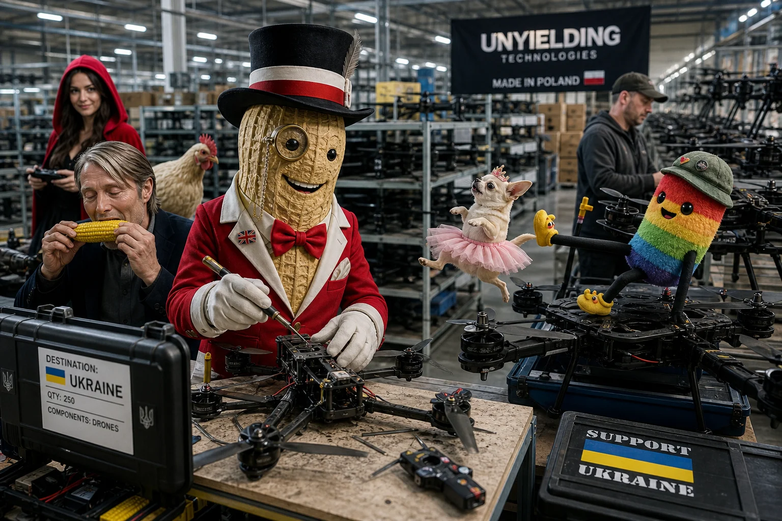 A smiling peanut dressed as a Polish-colored British gentleman assembles a compact drone at a workbench in a busy, machinery-filled drone factory.