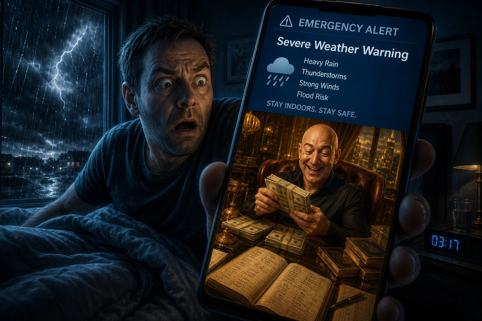 A startled man wakes in a dark bedroom to a storm emergency alert on his glowing phone as rain and lightning rage outside, while its surreal reflection shows a wealthy man counting money in a lavish golden office.