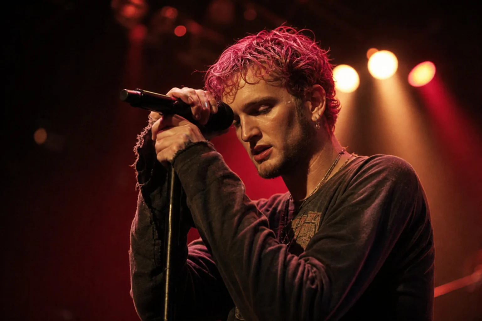 A male grunge rock singer with vivid pink hair grips a microphone on a dark concert stage, performing beneath harsh crimson and amber spotlights as a hazy crowd fades into the background.