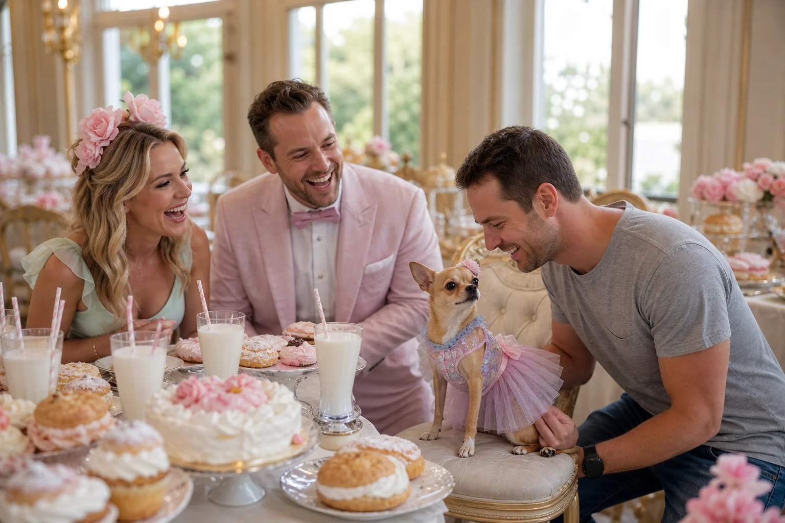 Two laughing hosts and a casually dressed guest celebrate beside a lavish table of milk, cakes, pastries, and whipped cream in a bright banquet room, while a tiny tutu-wearing chihuahua stands on a cushioned chair.