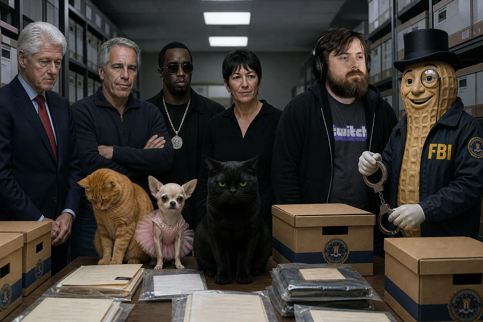 A diverse group, including a chihuahua in a pink tutu, costumed anthropomorphic peanut, three cats, and a recognizable streamer, gathers around sealed legal documents and evidence boxes in a secure archival records room.