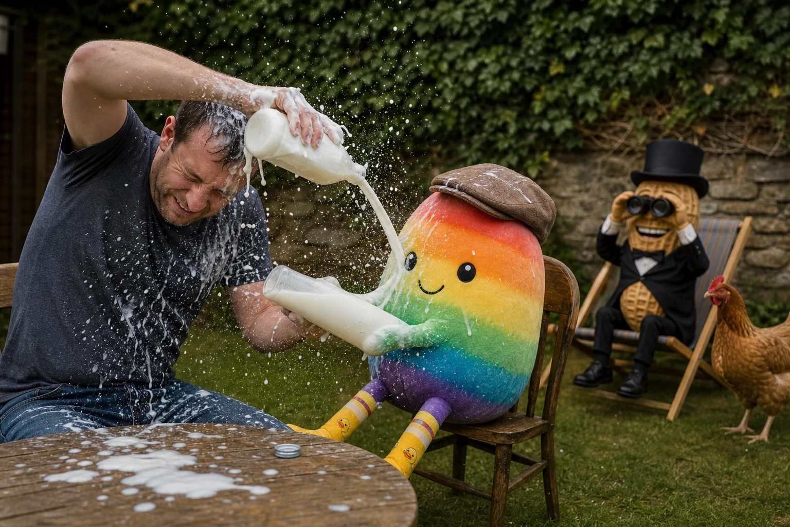 A man and rainbow bean plush playfully splash milk at each other while a gentleman peanut watches through binoculars from a chair, with a chicken nearby in a whimsical scene.