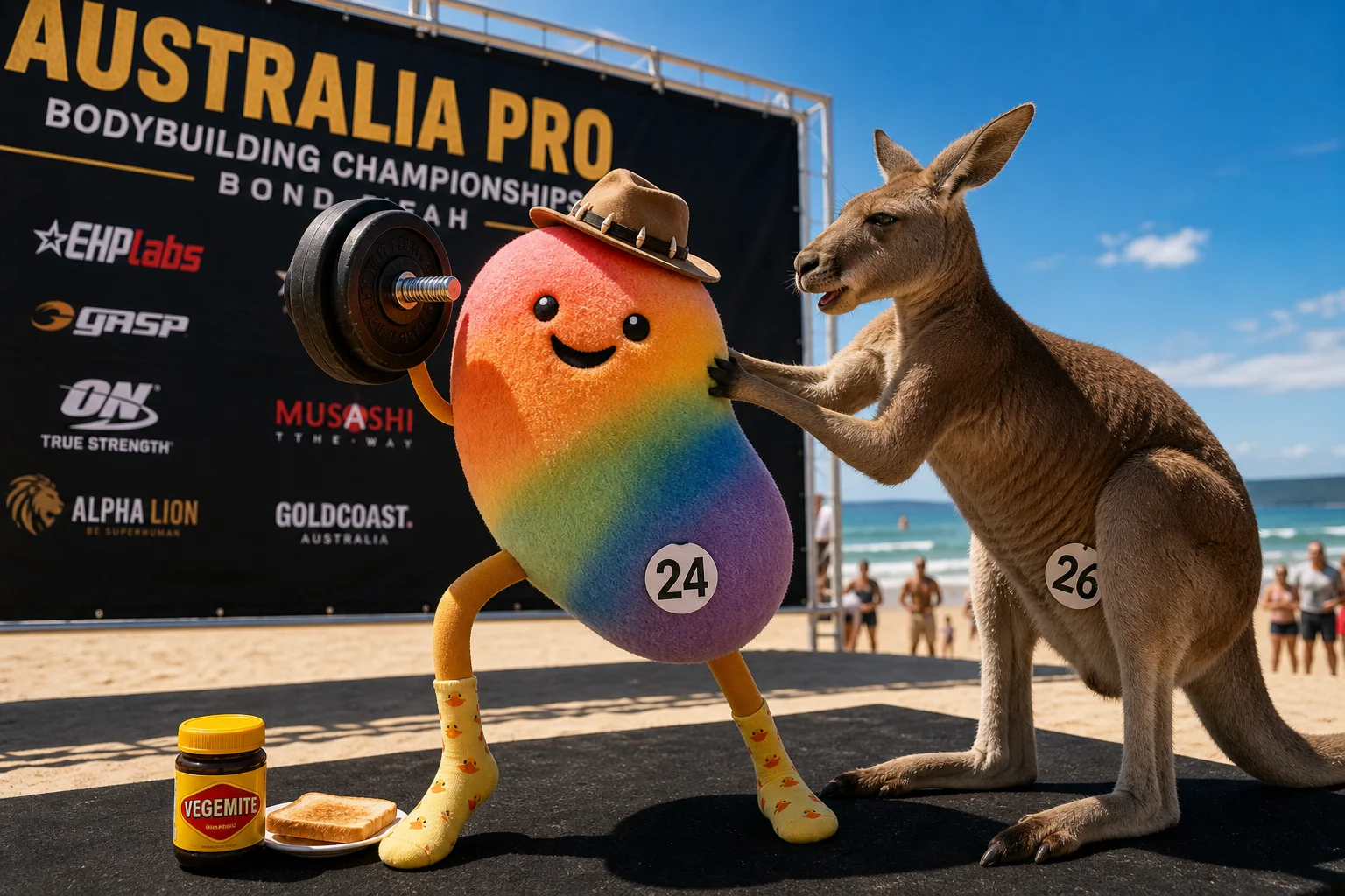A rainbow bean-shaped plush bodybuilder balances a dumbbell with its legs as a kangaroo tickles it at a sunny Australian beach bodybuilding competition.