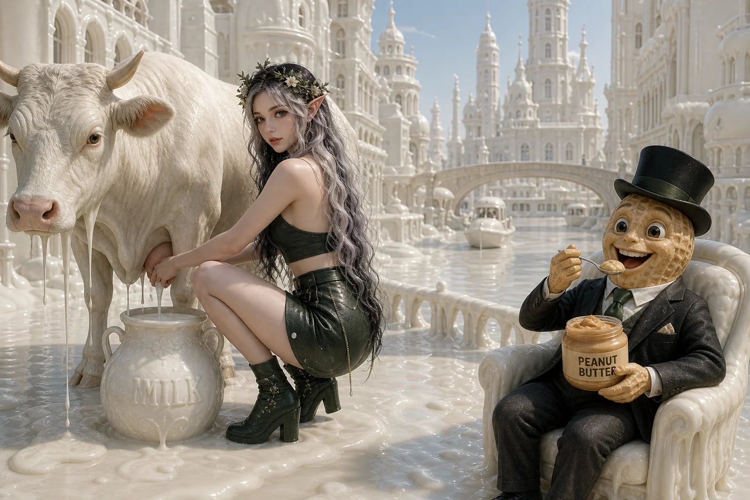 A dryad milks a calm cow in a surreal city built entirely from creamy milk, while a gentleman peanut eats peanut butter nearby under natural daylight.