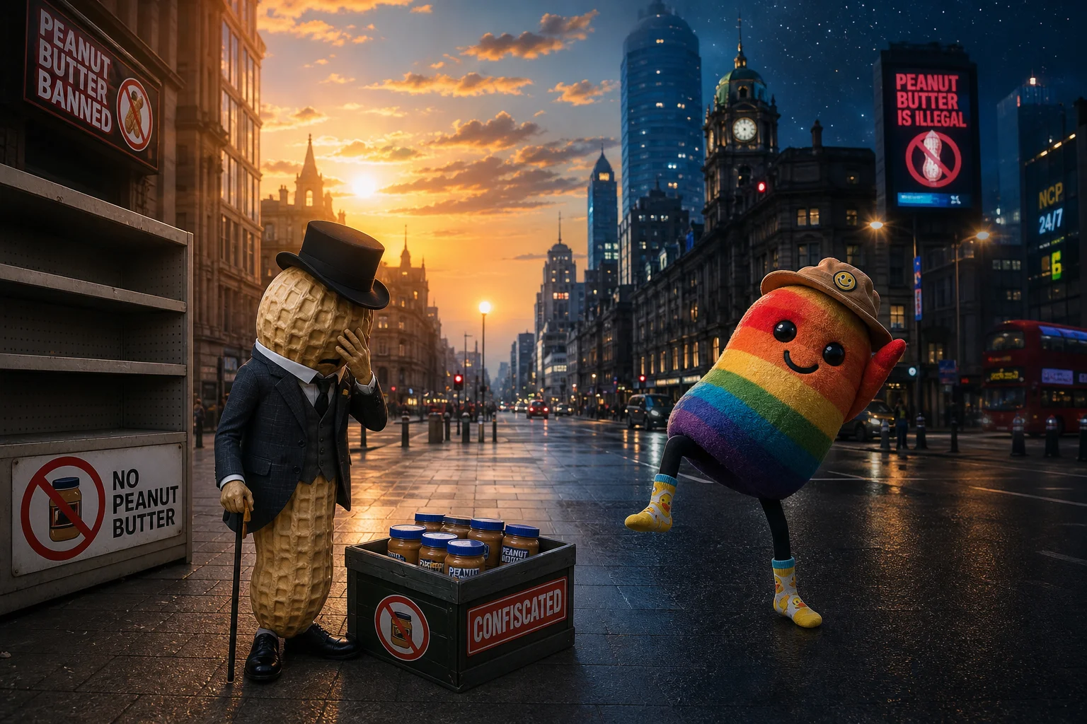 A heartbroken peanut gentleman stands beside an empty shop shelf and confiscated peanut-butter jars while a rainbow bean plush dances on a dense city street beneath split daylight and nighttime skies.
