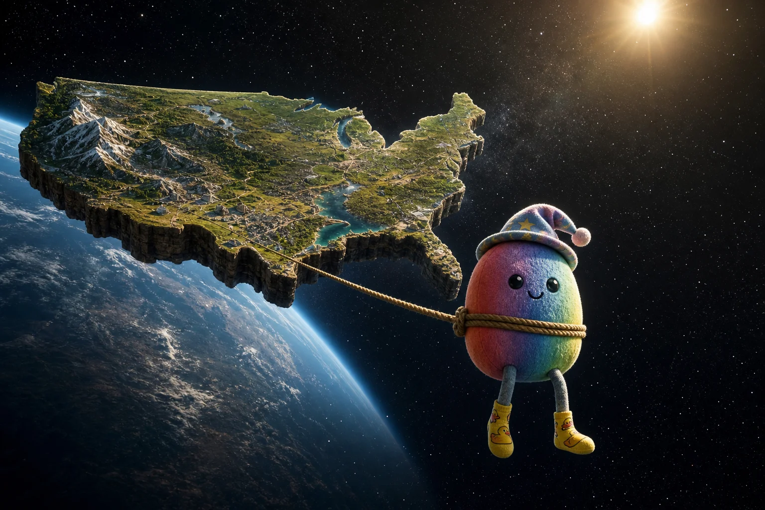 A cute rainbow bean plush wearing duck socks tows a massive island shaped like the United States through space, with Earth receding in the star-filled background.