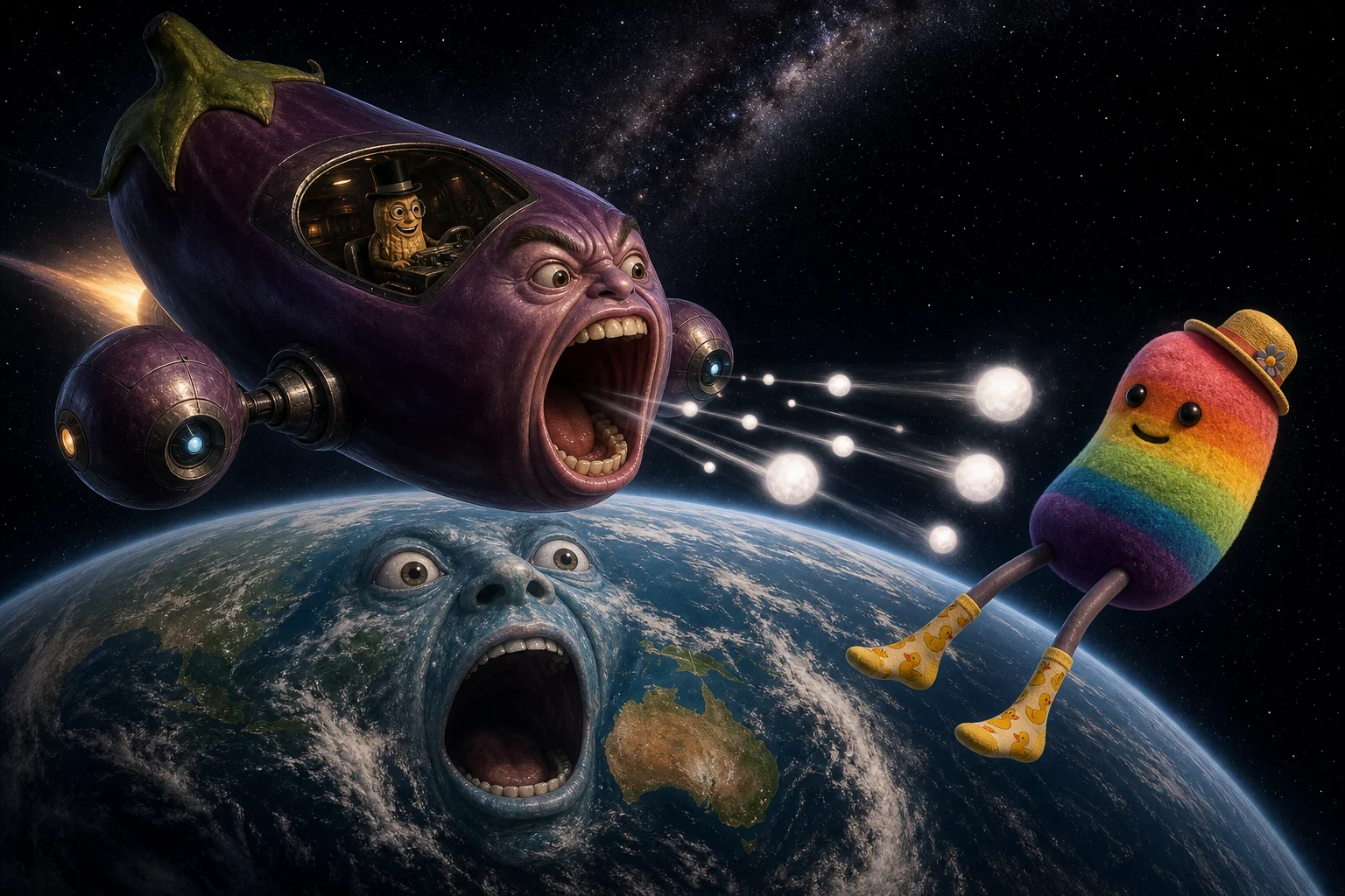 A surreal photorealistic eggplant-shaped spaceship with an anthropomorphic face flies toward Earth, piloted by a gentleman peanut and firing white projectiles at a rainbow bean plush in dramatic outer space.