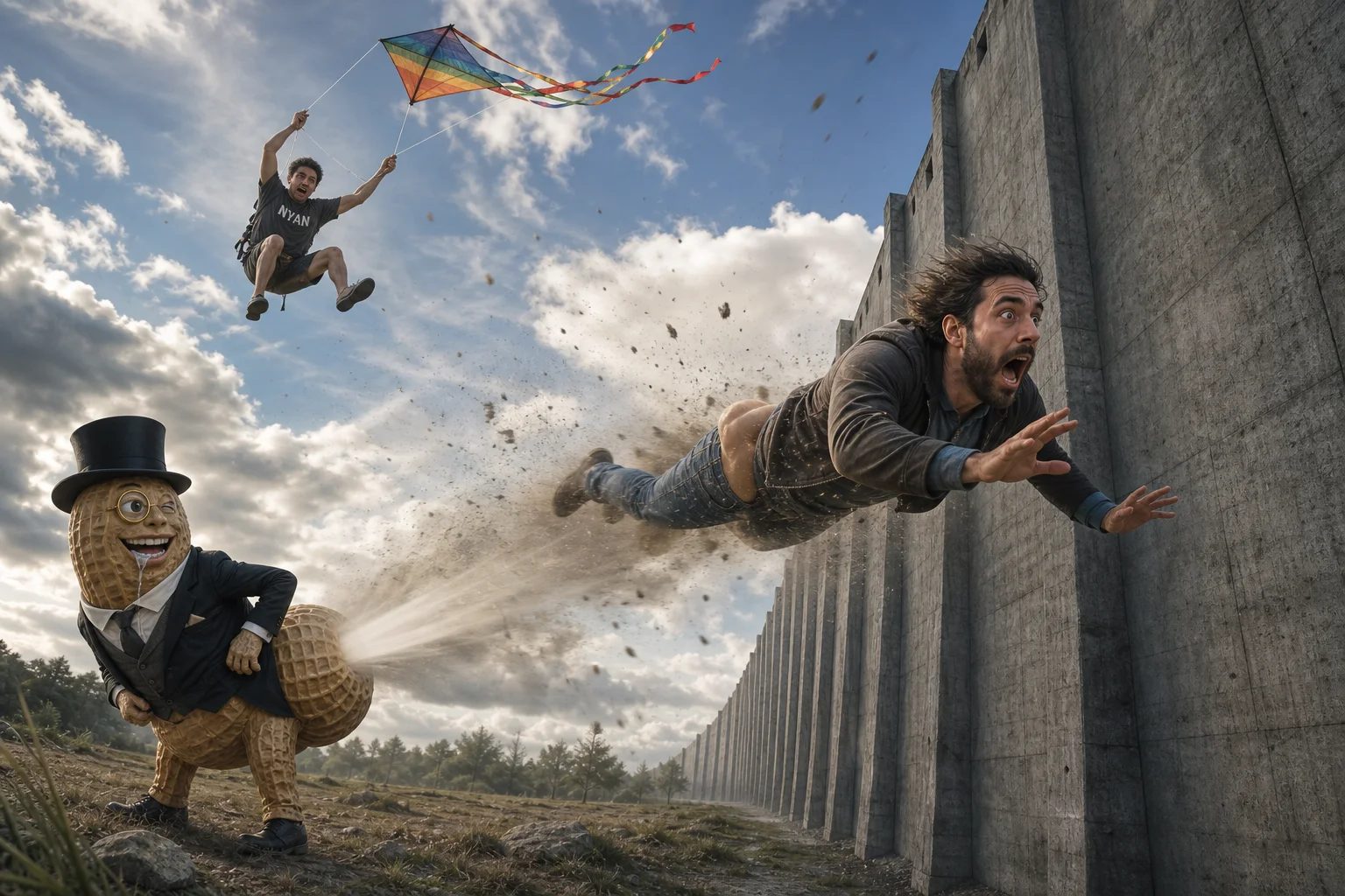 A superhero in casual clothes hurtles toward the fortified Wall Maria as a gust from a smiling gentlemanly peanut sends an airborne person and colorful kite through swirling dust and debris.