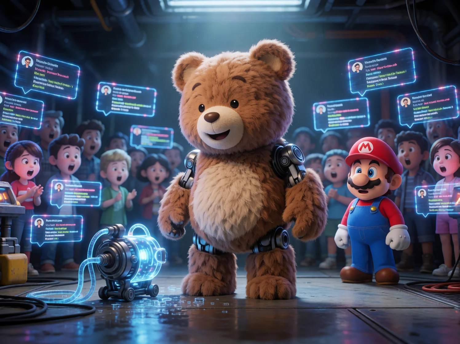In a dim futuristic workshop, a friendly teddy-bear robot leaks glowing blue coolant onto the metal floor as holographic chat windows float around it and Mario watches in surprise.