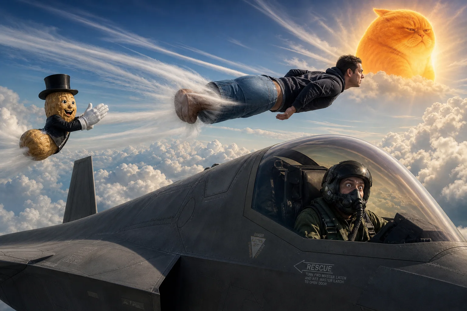 A superhero races alongside an F-35 fighter jet above sunlit clouds, while a whimsical gentleman peanut flies nearby beneath a surreal orange cat-shaped sun.