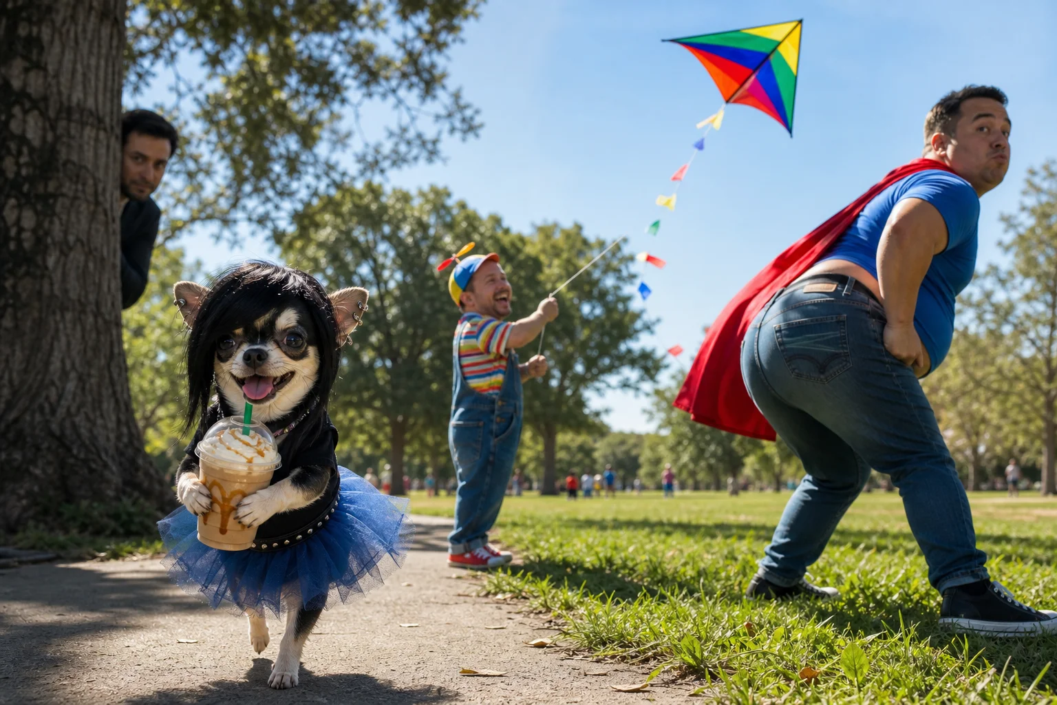 In a sunny public park, a Chihuahua in a black wig and blue tutu holds a frappuccino while a child flies a colorful kite, a casually dressed superhero poses nearby, and a shadowy figure watches from behind a tree.