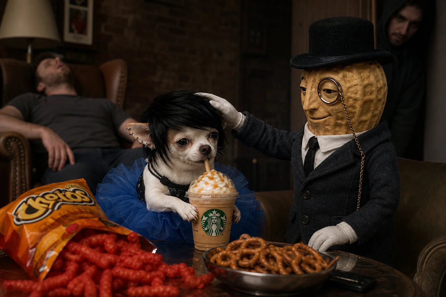 In a cozy lounge, a tiny chihuahua in a black wig and blue tutu holds a caramel frappuccino beside snacks while a peanut in a British suit pets it, with a sleeping man and shadowy figure in the background.