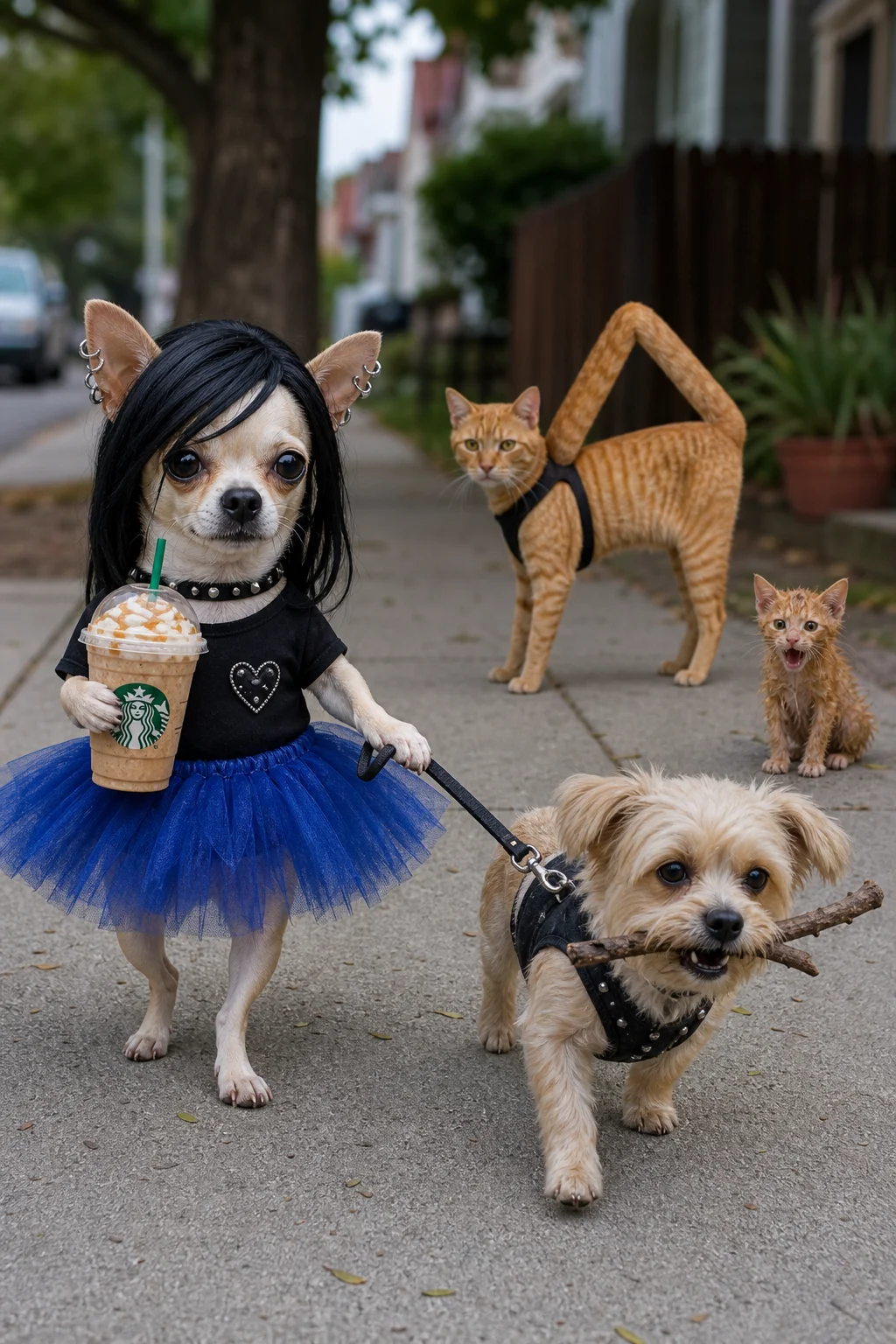 A teacup chihuahua in an emo wig and blue tutu walks a leashed dog while holding a frappuccino, passing an angular-bent tabby and an open-mouthed kitten on a sunny neighborhood street.