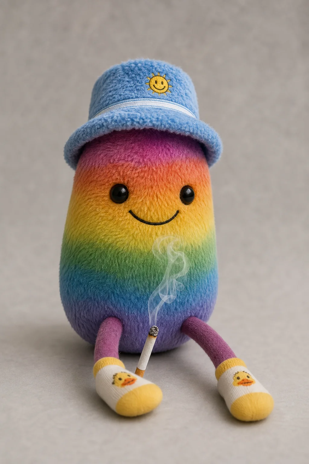 A rainbow-colored bean-shaped plush toy with a smiling face, floppy legs, duck socks, and a hat holds a lit cigarette between its feet in a clean, softly lit studio portrait.