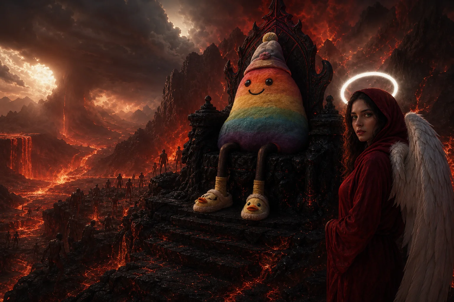A rainbow bean-shaped plush in a cute hat sits on an obsidian throne beside a hooded angel, overlooking a vast volcanic hellscape of glowing lava, smoke, and crimson firelight.