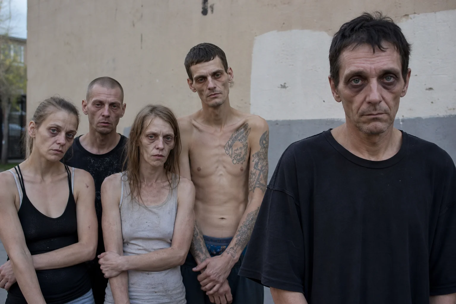 A small group of gaunt, pale adults stands beside a solitary man with pronounced dark under-eye circles in a somber urban setting under overcast daylight.
