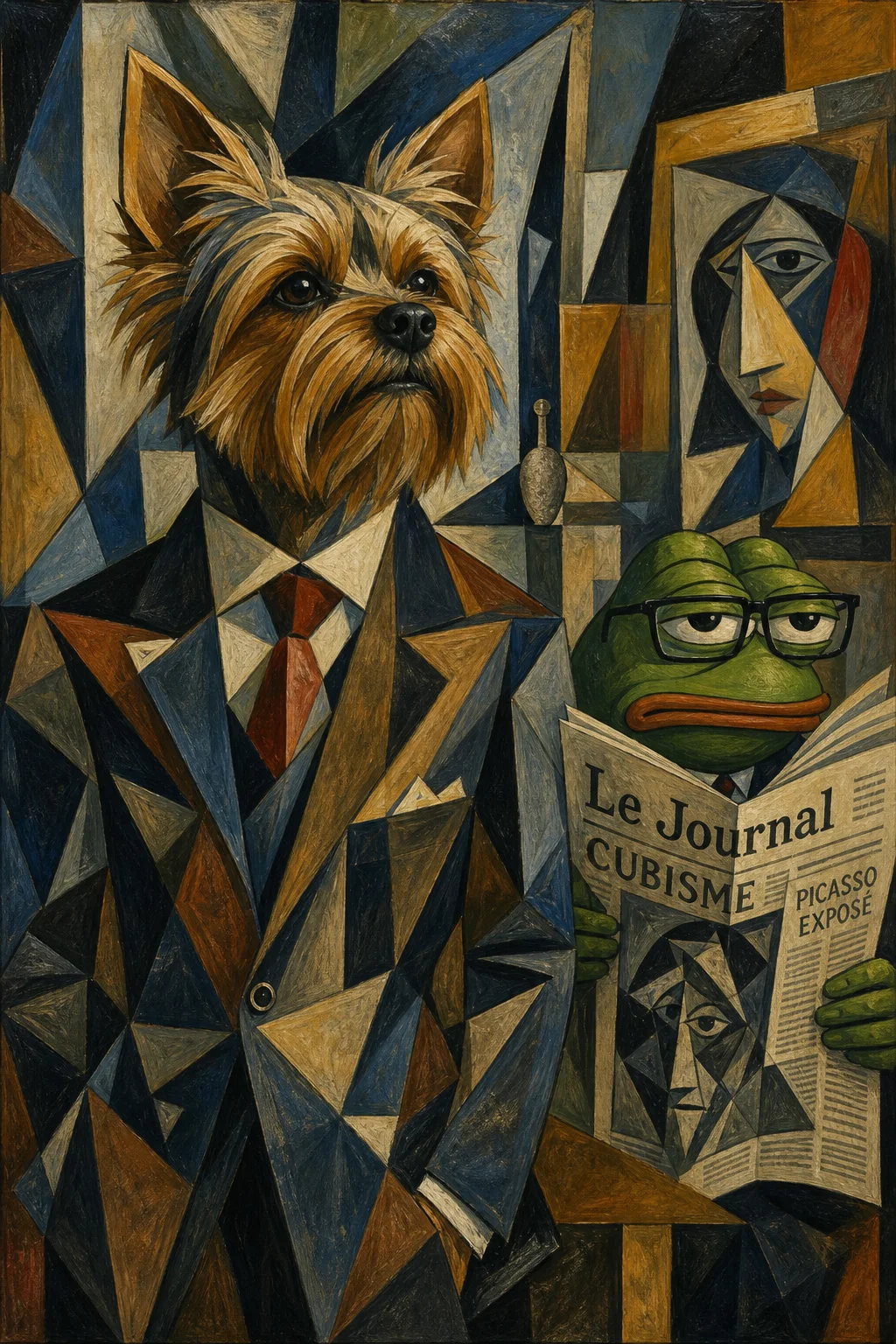 A cubist painting shows a wiry Yorkshire terrier standing upright with a humanlike torso beside an annoyed, glasses-wearing figure peering over a newspaper in a colorful fractured scene.