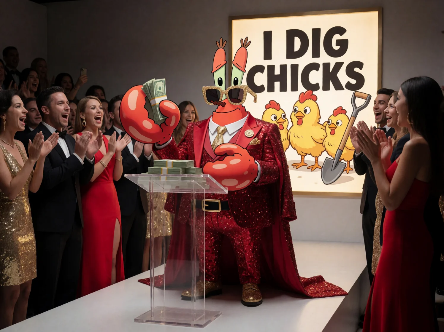 A flamboyantly dressed red crab character counts cash beside a donation podium on a brightly lit fashion runway, while an excited crowd eats bananas and watches beneath a playful chicken-themed poster.