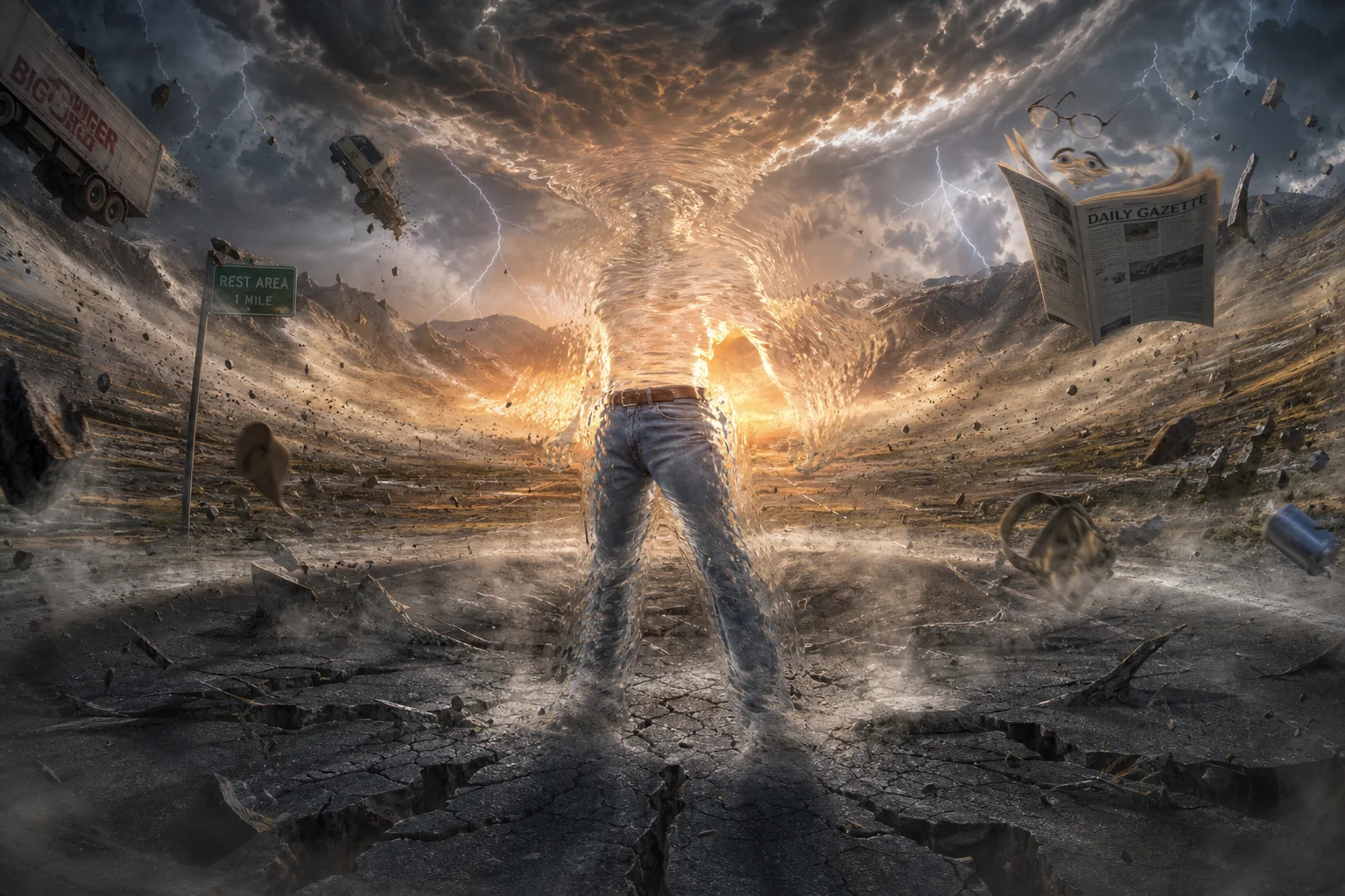 A shimmering invisible superhero unleashes colossal shockwaves across a mountainous landscape, while distorted silhouettes, floating belongings, and an unimpressed frog-like observer react amid storm clouds and debris.