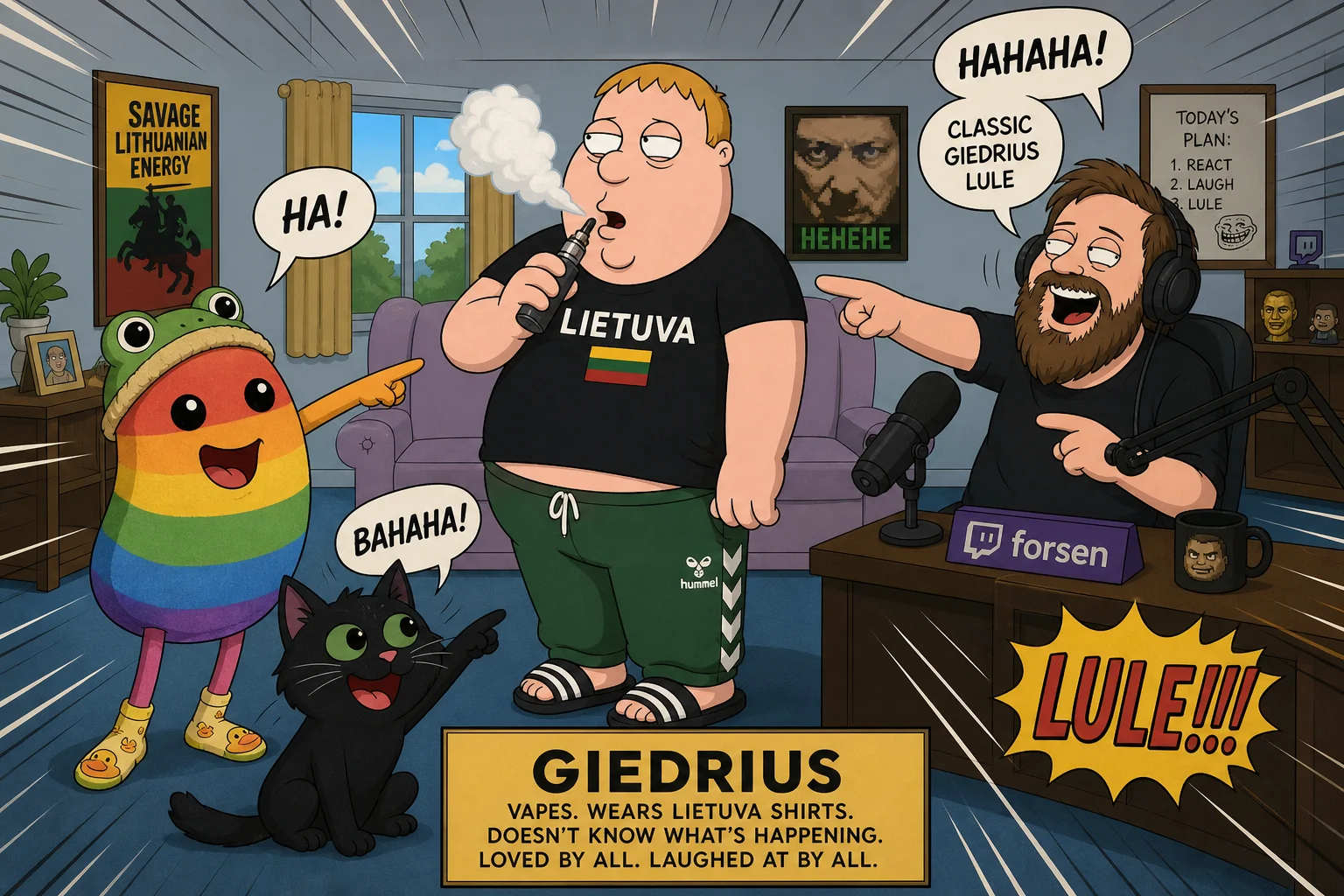 A cartoon man stands awkwardly while vaping as a rainbow bean plush, a black cat, and another person laugh and point at him in a lively group scene with energetic motion lines.