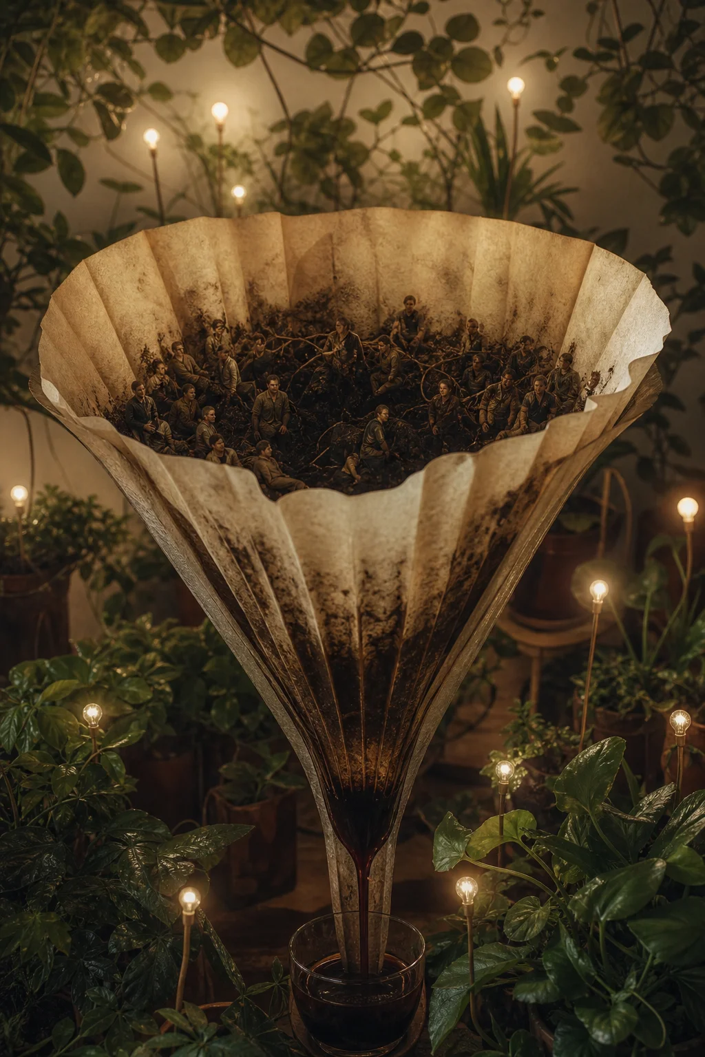 A giant pleated coffee filter creature grows tiny humans among coffee grounds and roots in an illuminated indoor garden of plants topped with glowing bulbs.