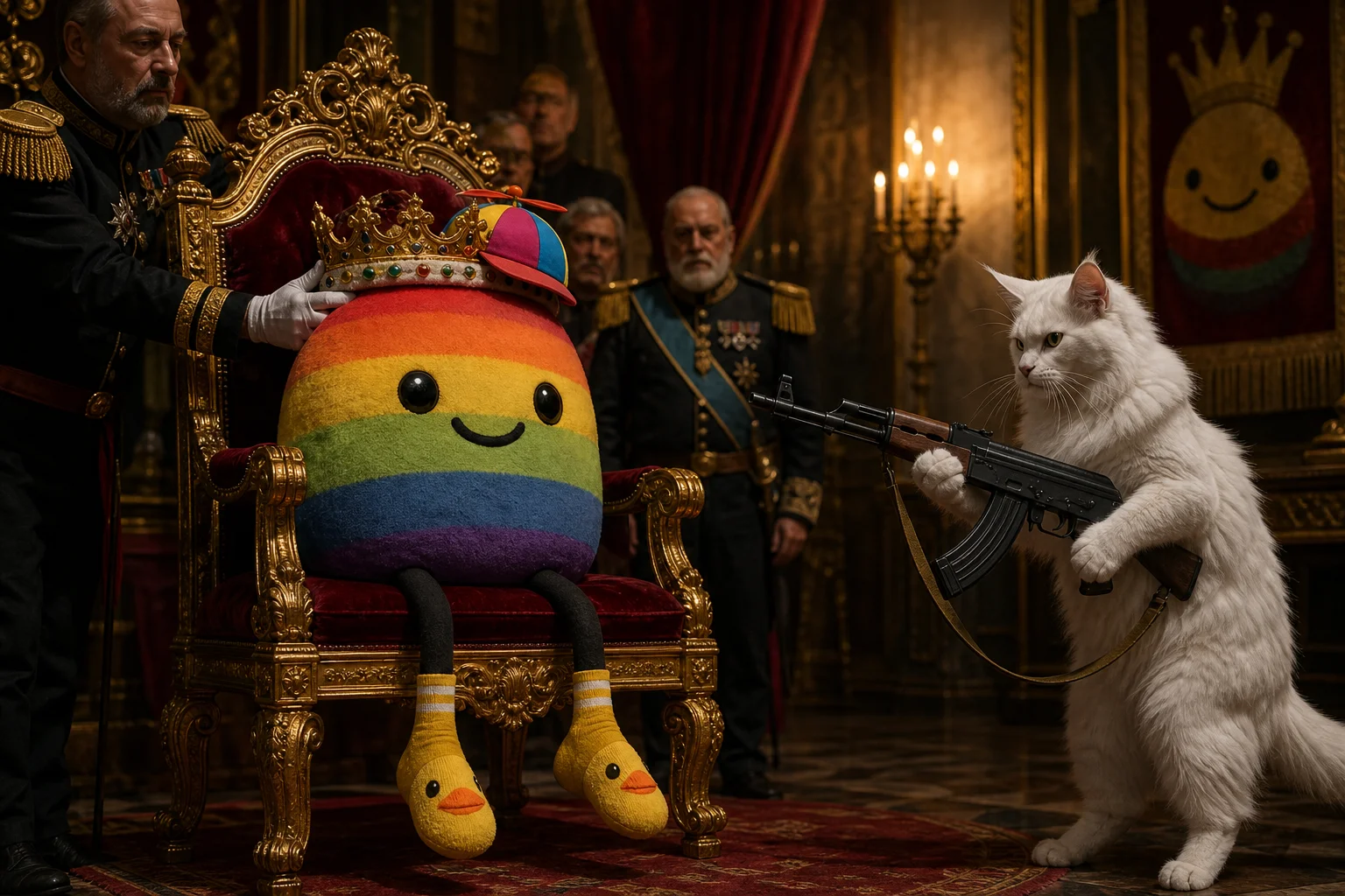 A rainbow bean plush wearing a cute hat is crowned on an ornate throne while a tense white Maine Coon cat holding a rifle stands nearby in a dramatic theatrical throne room.