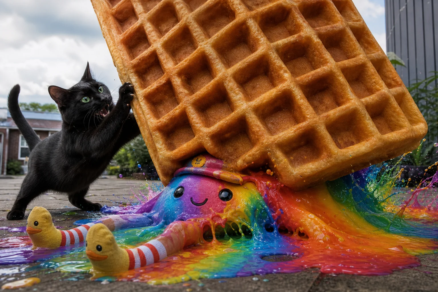 A giant golden waffle collapses onto a rainbow bean plush amid splashing colorful goo, while a green-eyed black cat rushes in to help on the ground.