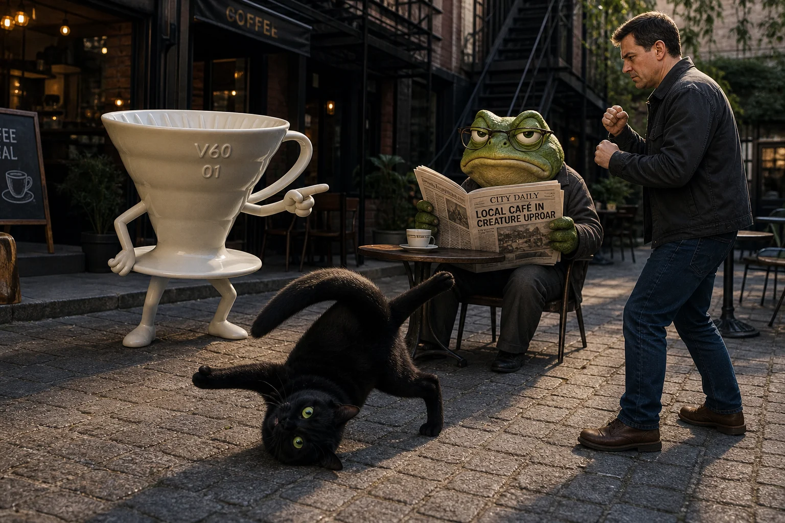 A V60 pour-over dripper faces a bespectacled frog and an adult in a tense urban café courtyard, while a black cat performs a trick in the foreground.