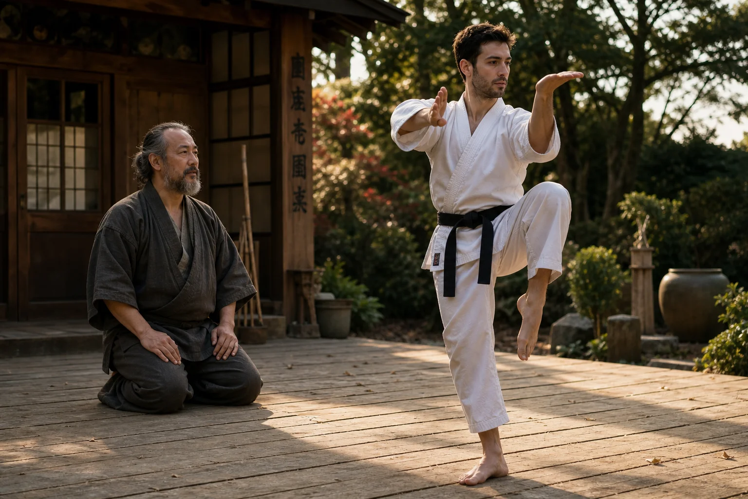 A focused young karate student in a white gi practices the crane stance on a weathered dojo platform while an older master coaches him in a sunlit courtyard surrounded by lush greenery.