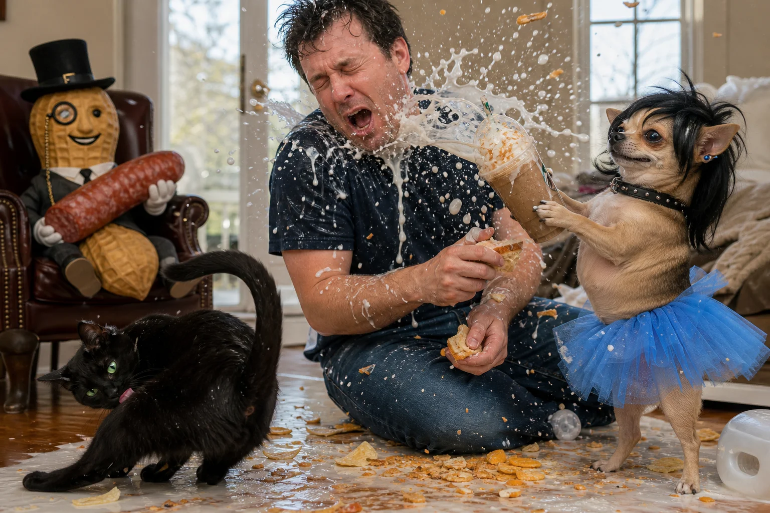 A man and a wig-wearing chihuahua in a blue tutu battle amid flying snacks and splashing milk at an indoor party, while a salami-holding peanut and grooming black cat watch nearby.
