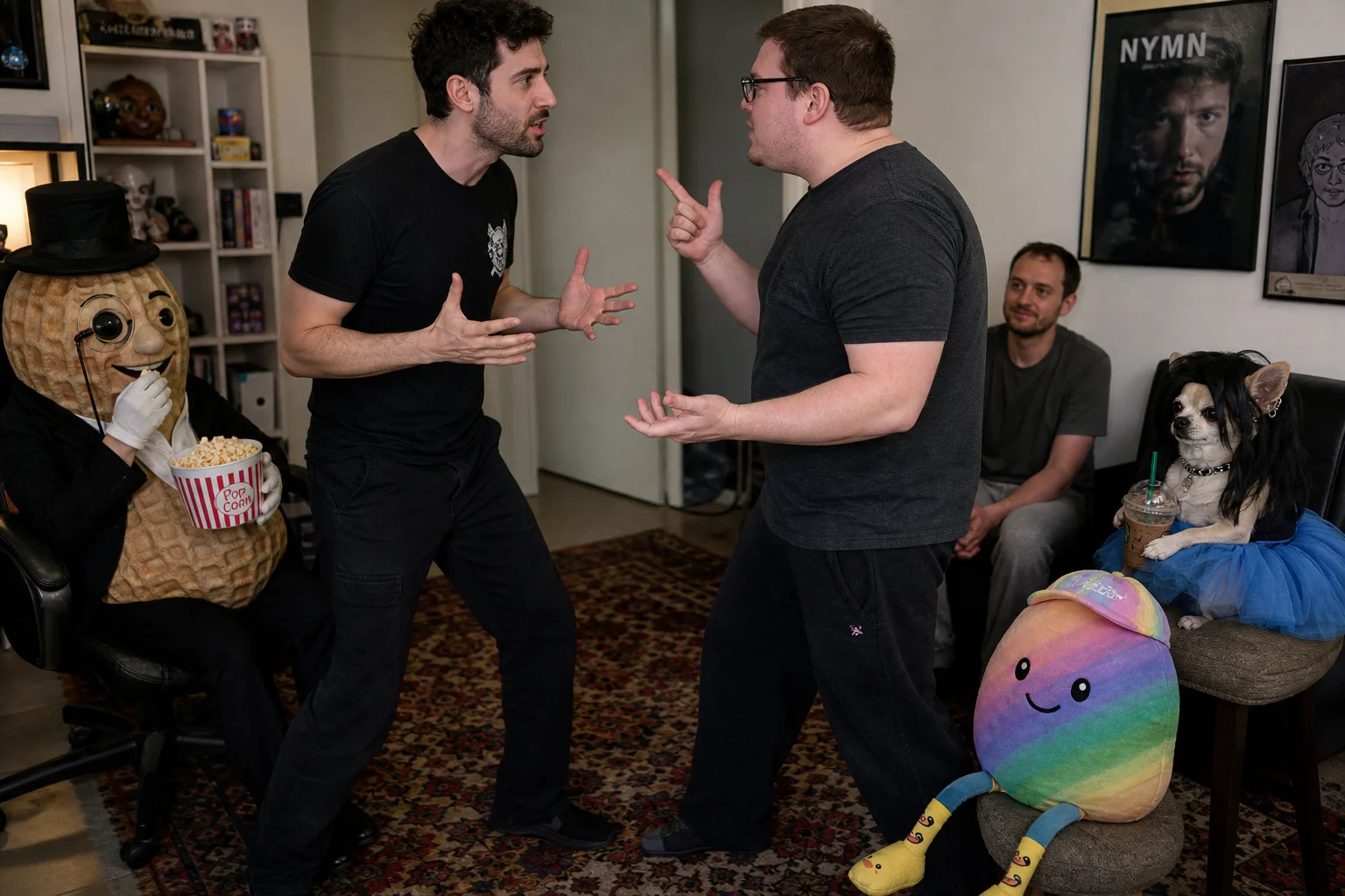 A lively indoor group scene shows two people having a dramatic but nonviolent argument while a gentleman peanut, an observing man, a costumed chihuahua, and a cheerful rainbow bean plush look on.