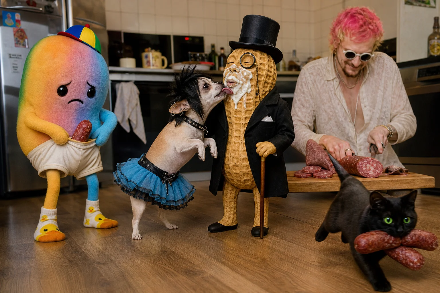 A surreal food-comedy scene shows a rainbow bean plush hiding salami while a milkshake-covered peanut is licked by a costumed chihuahua, with a musician chopping salami and a cat fleeing nearby in a bright studio setting.