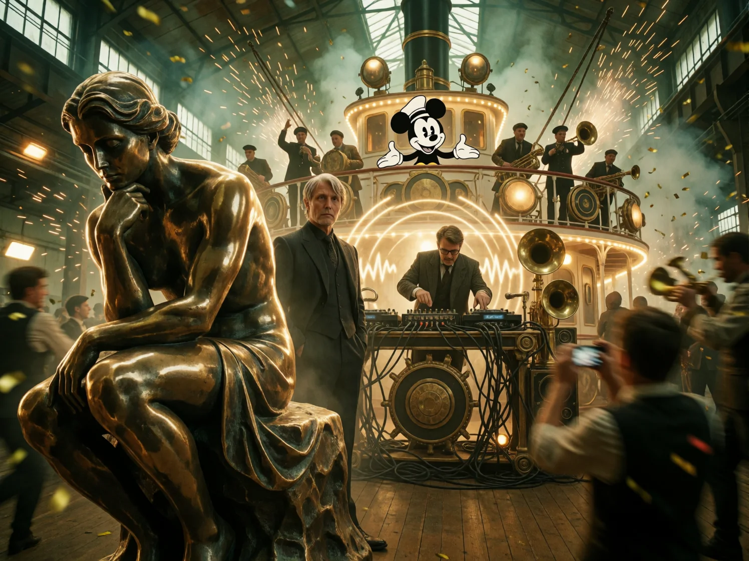 A bronze thinking statue poses theatrically in the foreground while a suited man reacts and a chaotic DJ performs with a cartoon deckhand in a smoky, glowing steamboat-themed industrial warehouse.