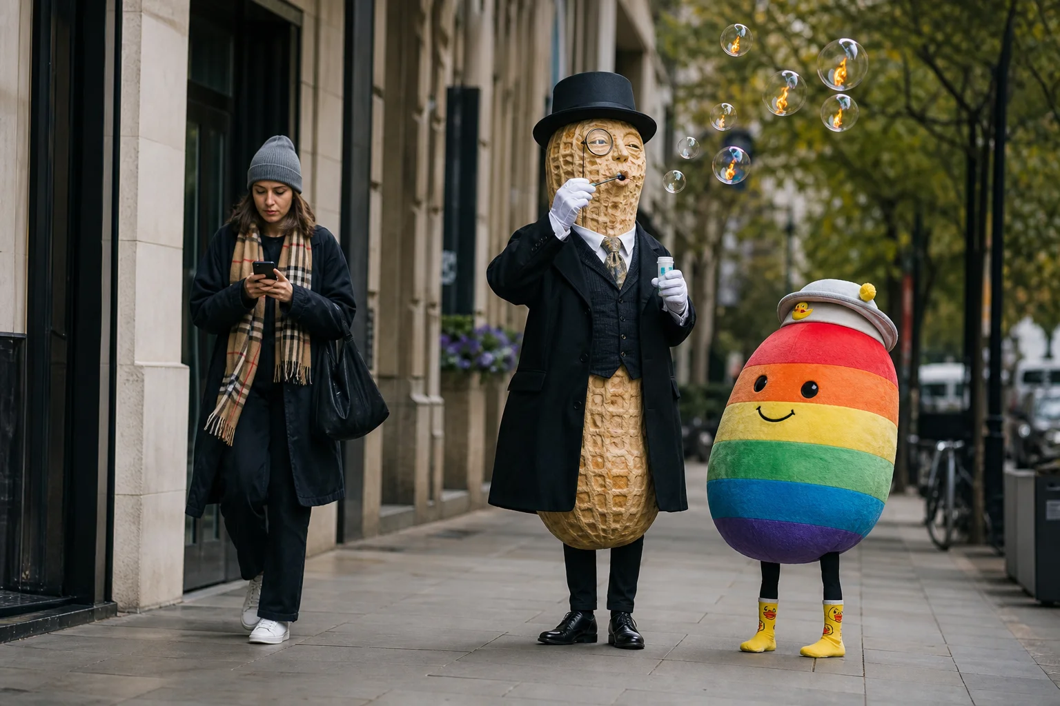 A person stands beside a smiling gentlemanly peanut blowing flame-filled bubbles and a cheerful rainbow bean plush in duck socks, in a naturally lit outdoor daytime setting.