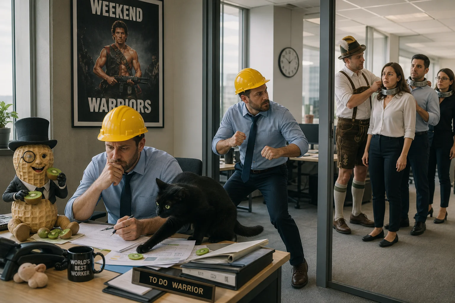 A tired office worker in a bright yellow hard hat works at a cluttered desk while a green-eyed black cat paws at his papers in a surreal, sunlit office.