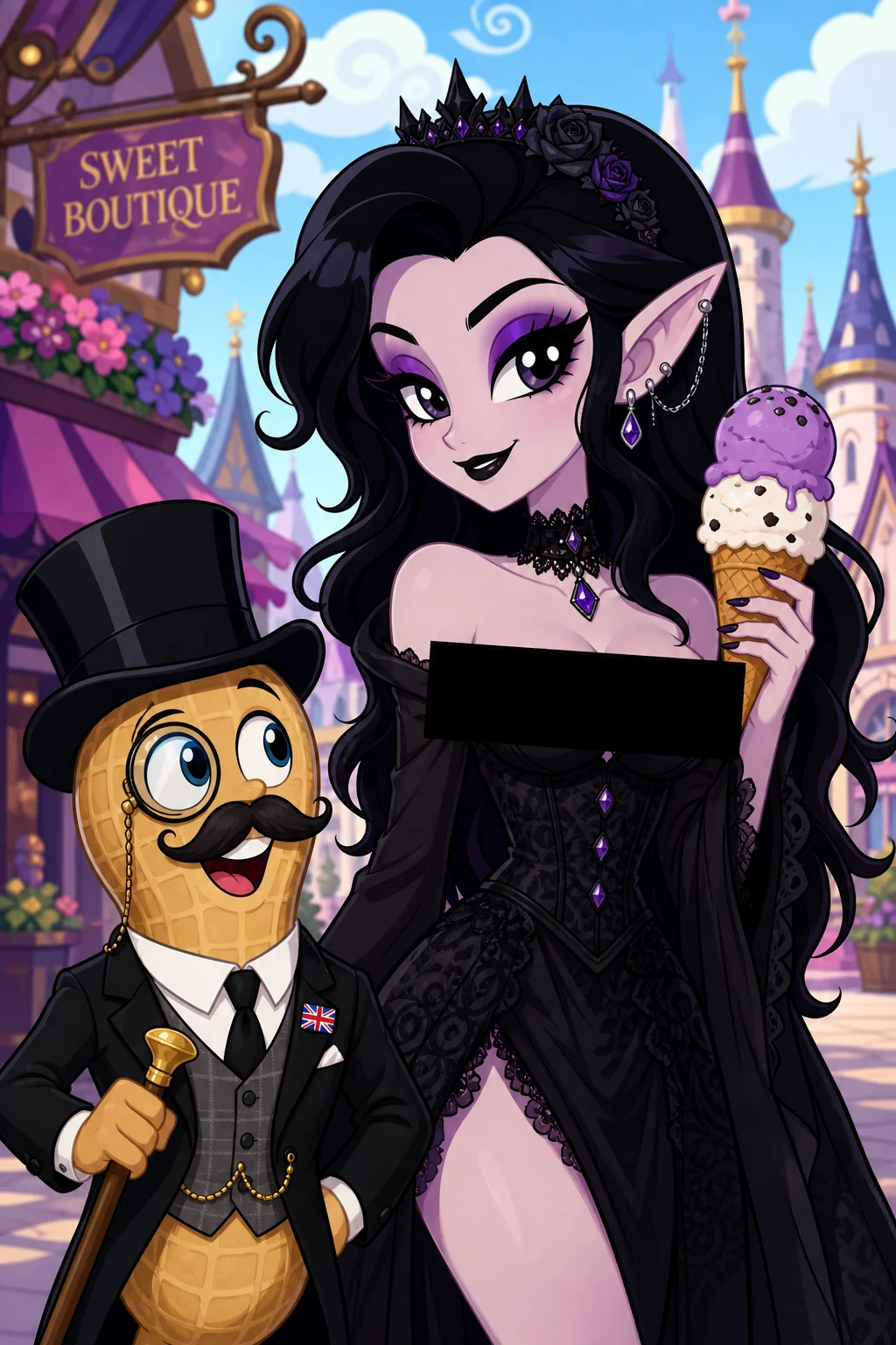 A glamorous goth elf in black clothing holds an ice-cream cone beside a smiling peanut dressed as a British gentleman in a colorful, playful pastel cartoon fantasy scene.