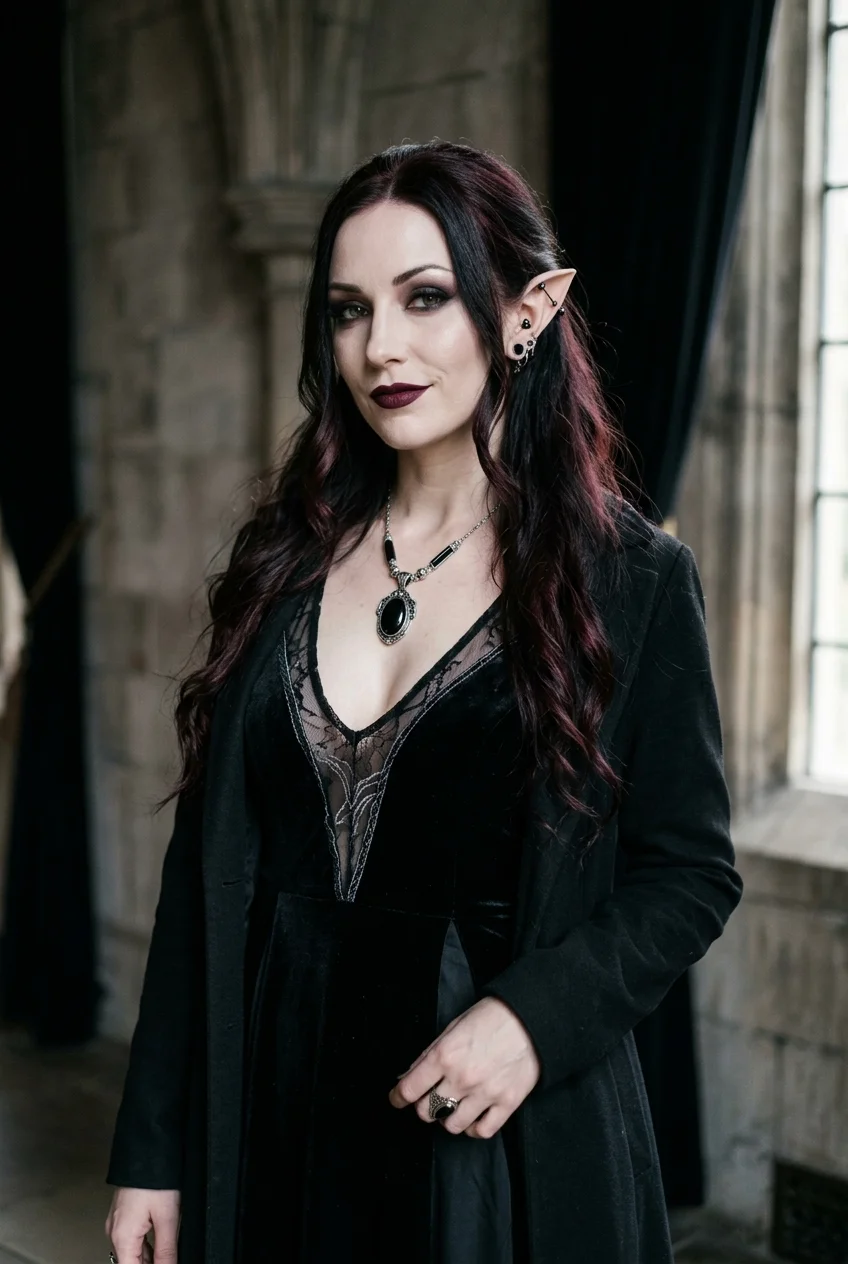 A realistic waist-up fashion portrait of an adult female goth elf in elegant black clothing, dark makeup, and subtle pointed ears, posed confidently against a dark understated background.