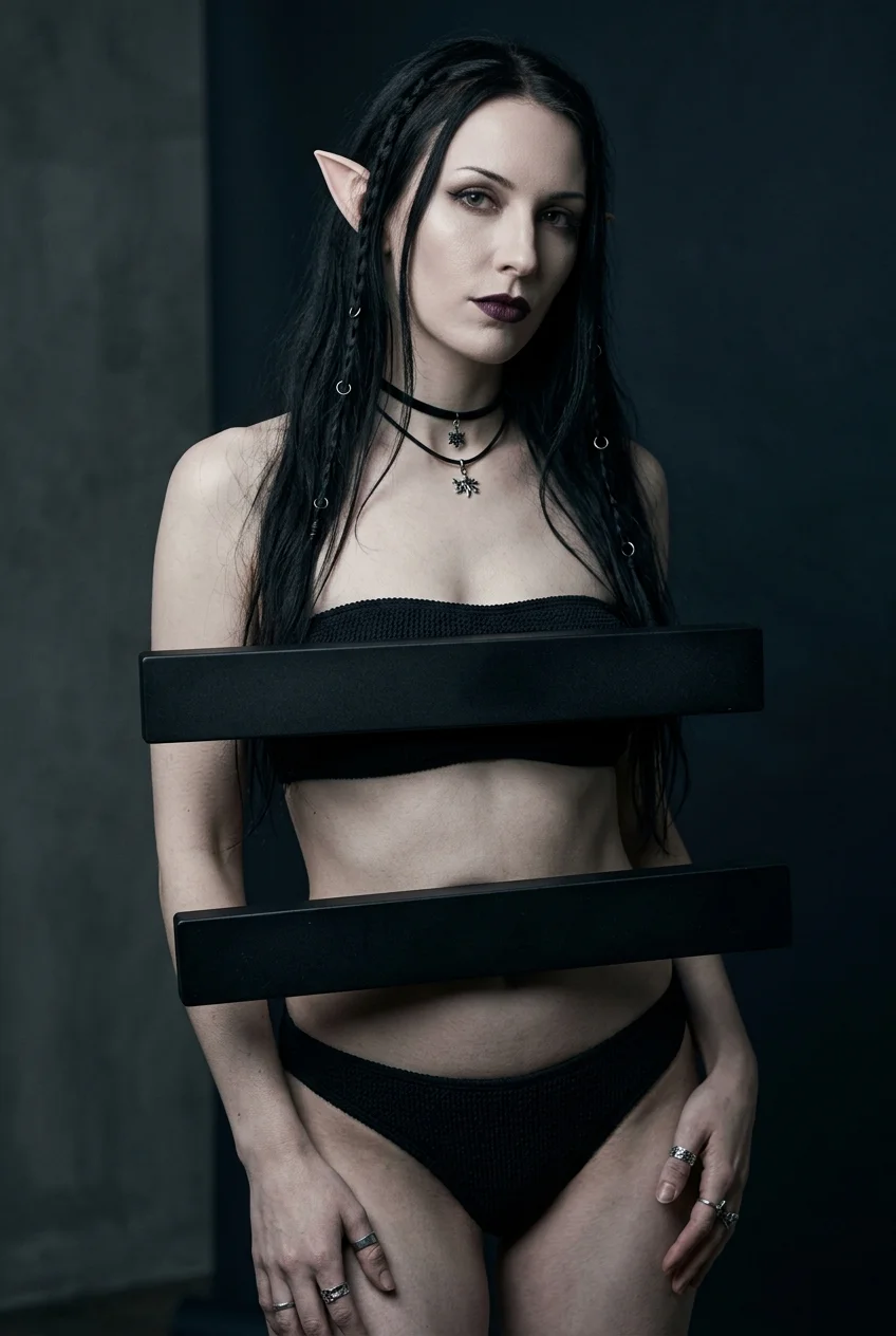 An adult goth elf model with pointed ears and dark hair poses in a strapless swimsuit with opaque black floating bars across her torso, lit dramatically against a dark studio background.