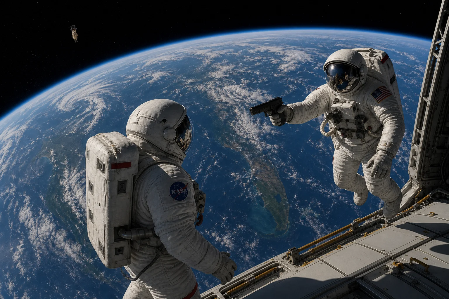Two astronauts float beside an orbital platform above Earth, where one watches the planet while the other points a handgun at them, with a tiny gentlemanly peanut drifting in the distant scene.