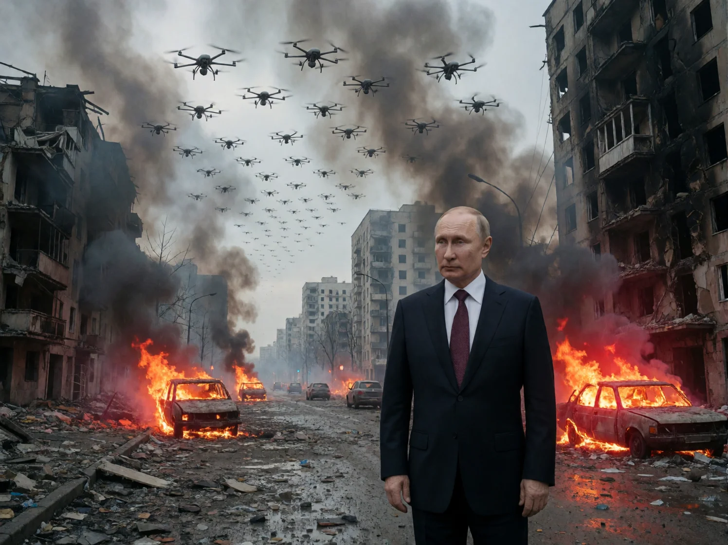 A startled suited man is splashed with white milk in a war-torn city, as drones swarm through smoky skies above burning vehicles and damaged apartment blocks.