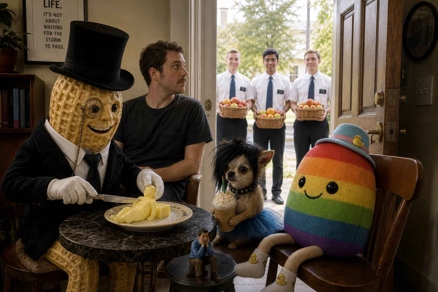 A smiling peanut dressed as a British gentleman eats molded butter at a table in a whimsical home, accompanied by a man, costumed chihuahua, rainbow bean plush, and visitors visible through the open door.