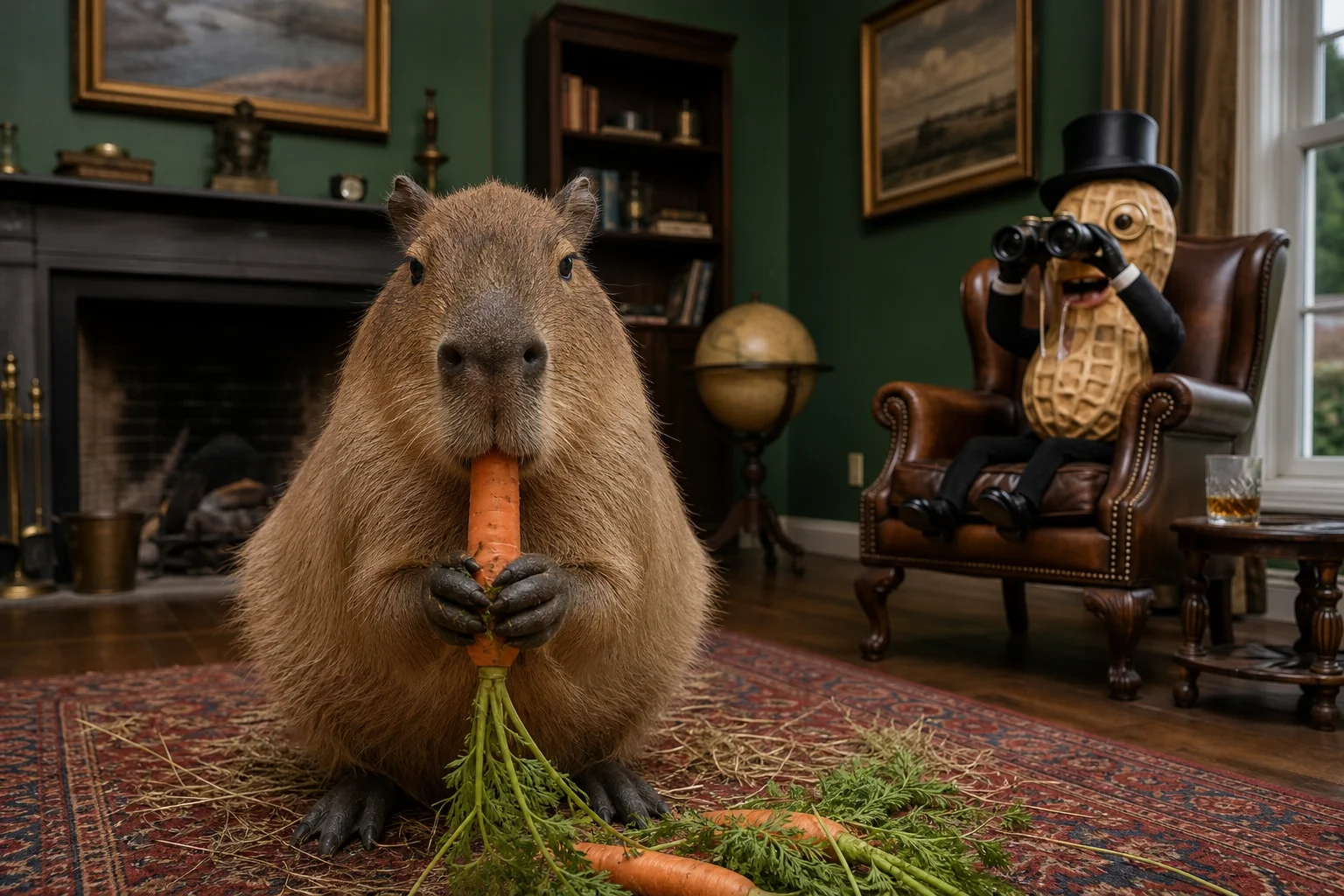 A cute capybara faces the camera while munching a carrot in a warmly lit room, with a whimsical peanut gentleman watching from an ornate chair through binoculars.